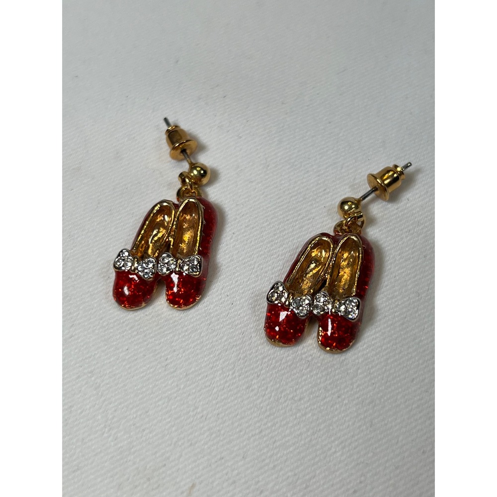 Red Glitter Ruby Slipper Ballet Flat Drop Earrings Gold Tone Rhinestone Bows